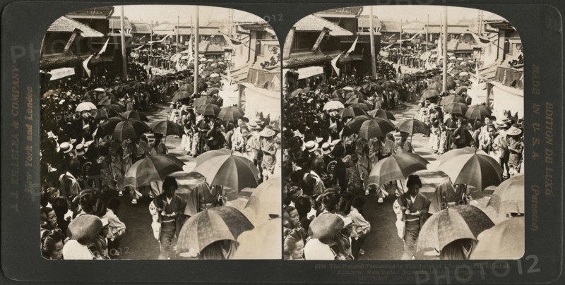 The Funeral Procession in Yokohama of Lieut. Suzuki killed at Kinchow, Manchuria, Stereo Card, J.J. Killelea & Co., 1904