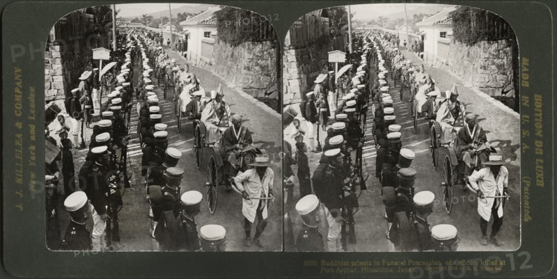 Buddhist Priests in Funeral Procession of Officers killed at Port Arthur, Hiroshima, Japan, Stereo Card, J.J. Killelea & Co., 1906
