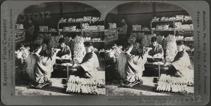 As Precious as Gold-Weighing Raw Silk on Delicate Scales, Japan, Stereo Card, Keystone View Company, 1905
