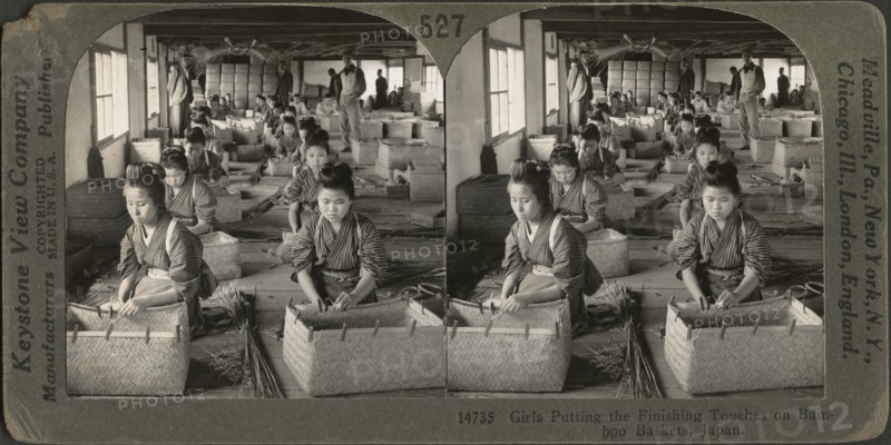 Girls Putting the Finishing Touches on Bamboo Baskets, Japan, Stereo Card, Keystone View Company, 1905