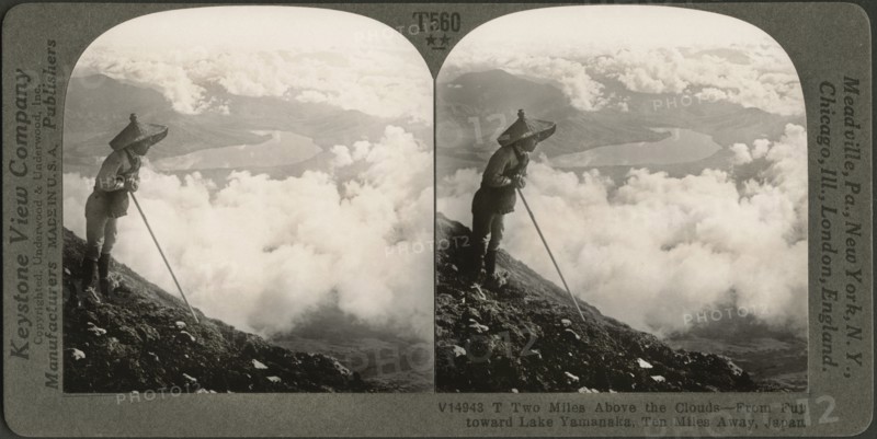 Two Miles above the Clouds-From Fuji toward Lake Yamanaka 10 miles away, Japan, Stereo Card, Keystone View Company, early 1900's