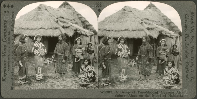 A Group of Pure-Blooded Japanese Aborigines-Ainus on the Island of Hokkaido, Stereo Card, Keystone View Company, early 1900's