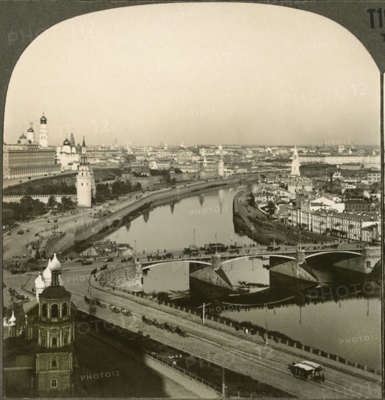 The Moskva River, the Kremlin and the Holy Spires of Holy Moscow, Russia, Single Image of Stereo Card, Keystone View Company, Early 1900's