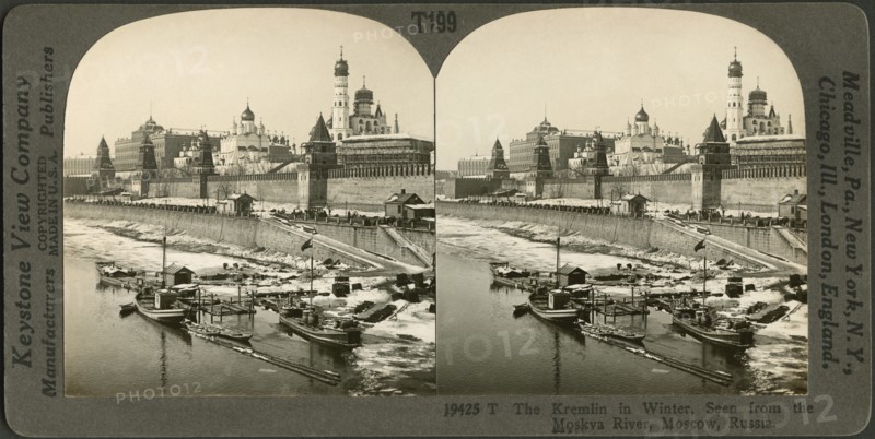 The Kremlin in Winter, Seen from the Moskva River, Moscow, Russia, Stereo Card, Keystone View Company, Early 1900's