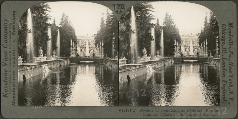 Avenue of Fountains at Peterhof, Former Summer Palace of the Czars of Russia, Stereo Card, Keystone View Company, early 1900's