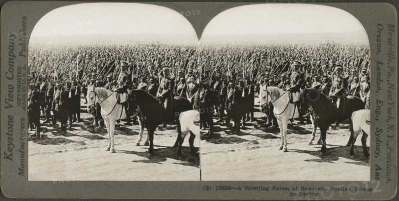 A Bristling Forest of Bayonets, Russian Troops on Review, Stereo Card, Keystone View Company, early 1900's