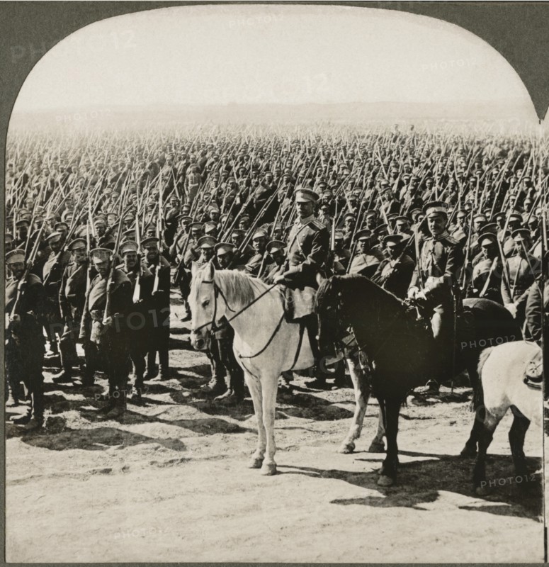 A Bristling Forest of Bayonets, Russian Troops on Review, Single Image of Stereo Card, Keystone View Company, early 1900's