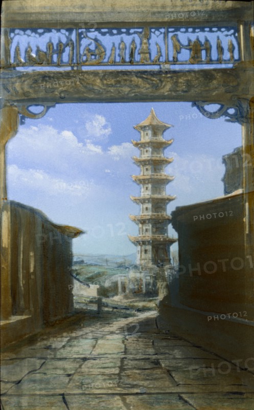 Pagoda, China, Hand-Colored Magic Lantern Slide, Newton & Company, 1920