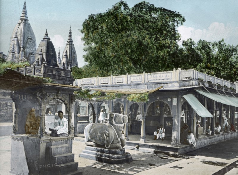 Gyan Vapi, Well of Knowledge, with the Spires of Kashi Vishvanath Temple in Background, Benares, India, Hand-Colored Magic Lantern Slide, Newton & Company, 1910
