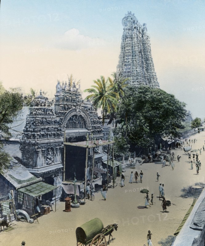 Meenakshi Temple, Madurai, India, Hand-Colored Magic Lantern Slide, Newton & Company, 1915