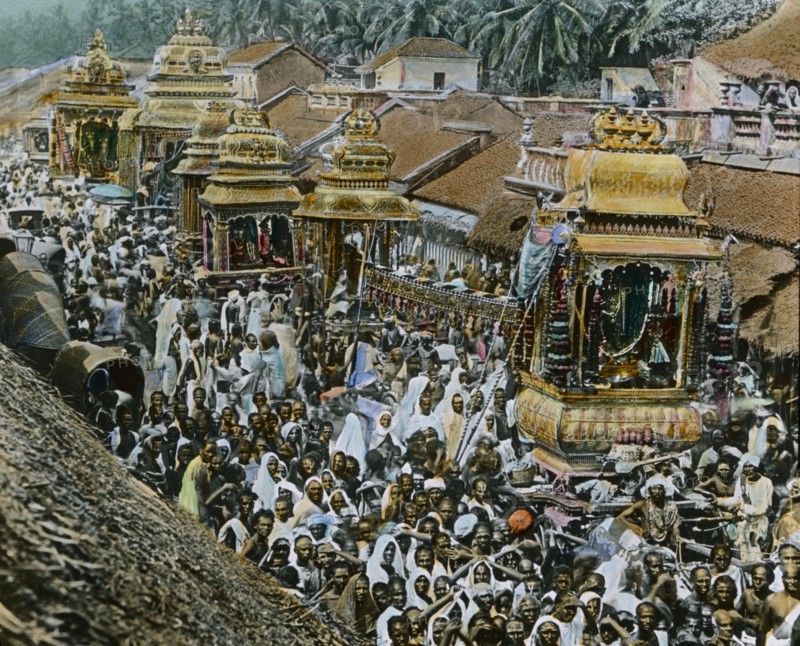 Idol Procession, Tinnevelly, India, Hand-Colored Magic Lantern Slide, Newton & Company, 1915