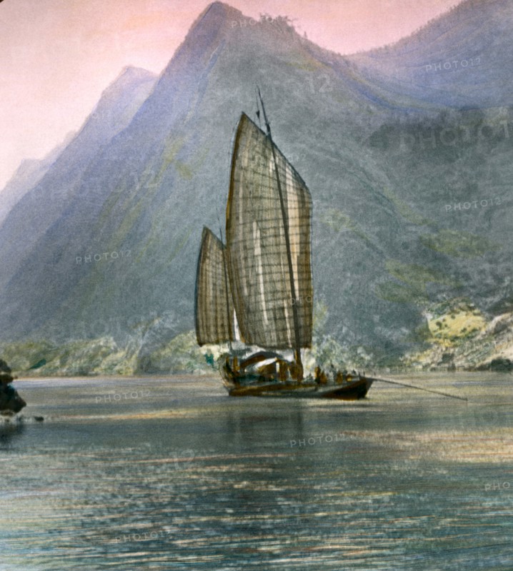 Missionaries Traveling on Houseboat, Western China, Hand-Colored Magic Lantern Slide, Newton & Company, 1920