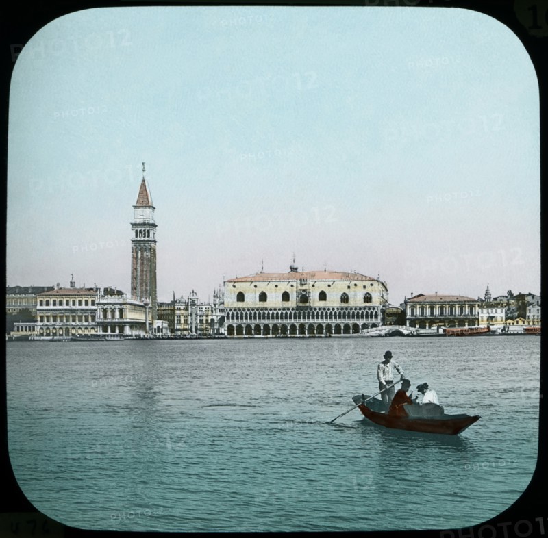 Cityscape viewed from Water, Venice, Italy, Hand-Colored Magic Lantern Slide, Newton & Company, 1910