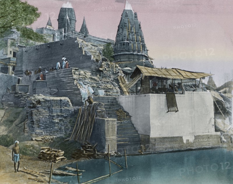 Manikarnika Ghat, Benares, India, Hand-Colored Magic Lantern Slide, Newton & Company, 1900