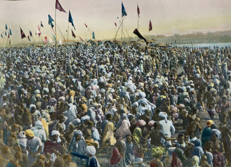 Kumbh Mela, Allahabad, India, Hand-Colored Magic Lantern Slide, Newton & Company, 1920