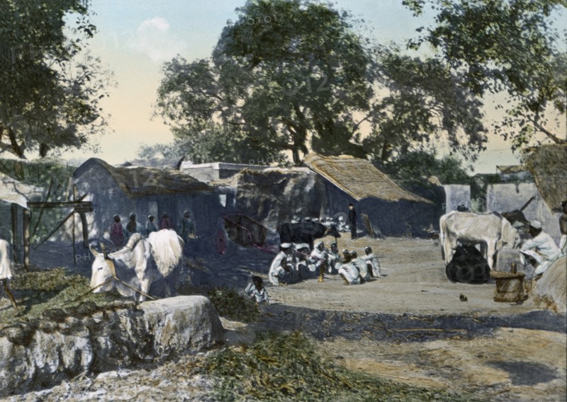 Village Scene, Western India, Hand-Colored Magic Lantern Slide, Newton & Company, 1930