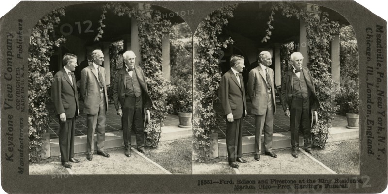 Harvey Firestone, Henry Ford & Thomas Edison  at King Residence during U.S. President Warren G. Harding's Funeral, Marion, Ohio, USA, Stereo Card, Keystone View Company, August 1923