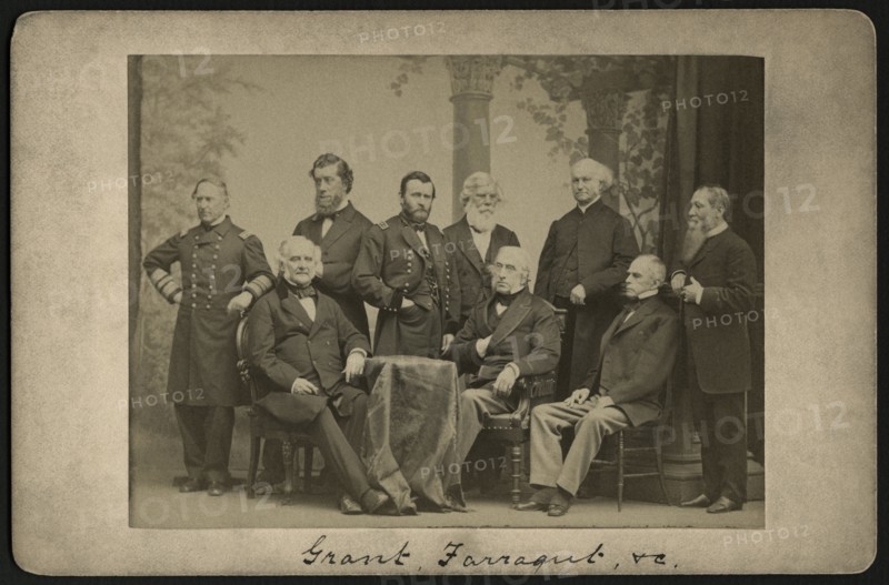 David Farragut (standing left), Ulysses S. Grant (standing center), George Peabody (seated left) with other Union Officers and Statesmen after the end of the American Civil War, Portrait, 1865