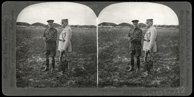 Marshal Haig & General Antoine at Review of French First Division, France, Stereo Card, Keystone View Company, 1914-18