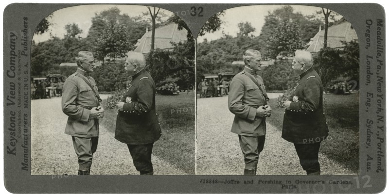 Joffre & Pershing in the Governor's Gardens, Paris, Stereo Card, Keystone View Company, 1917