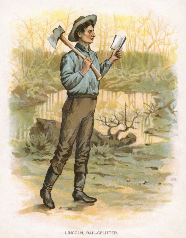 Abraham Lincoln, Holding Ax and Reading Book, from the Book, "True Stories of Great Americans for Young Americans", 1897