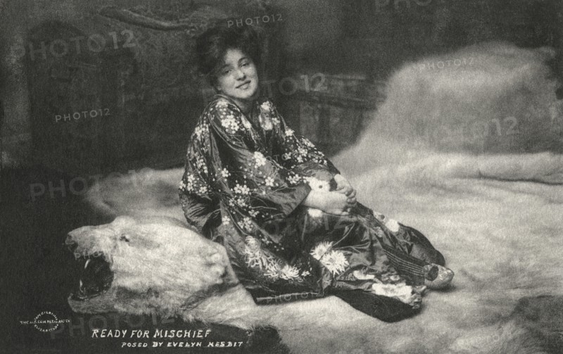 Evelyn Nesbit, Ready for Mischief, Portrait on Bear-Skin Rug, Postcard, 1898