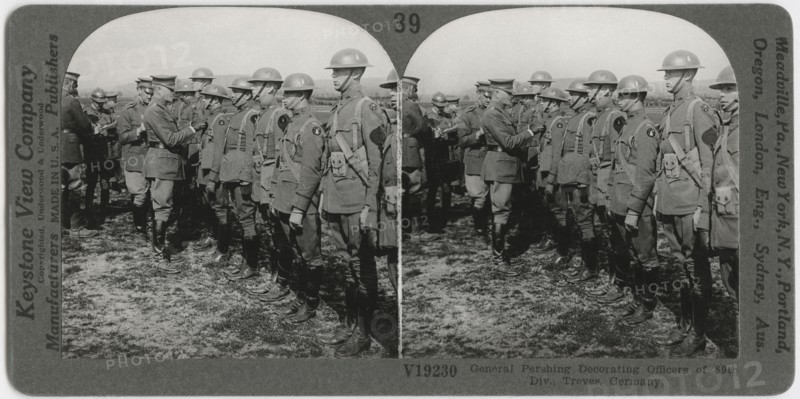 General Pershing Decorating Officers of 89th Division, Treves, Germany, Stereo Card, Keystone View Company, 1918