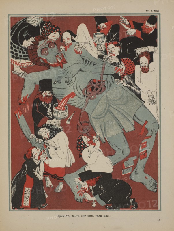 Soviet Propaganda Magazine Interior, Bezbozhnik u Stanka (Atheist at his Bench) Magazine, Illustration by Dimitry Moor, 1920's