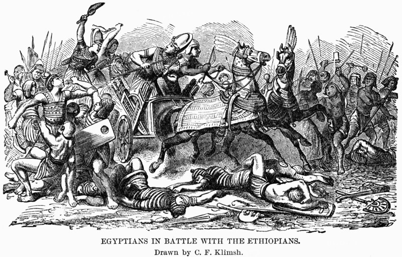 Egyptians in Battle with Ethiopians, Illustration by C.F. Klimsh, Cyclopaedia of Universal History, Volume 1, The Ancient World, by John Clark Ridpath, the Jones Brothers Publishing Company, 1885