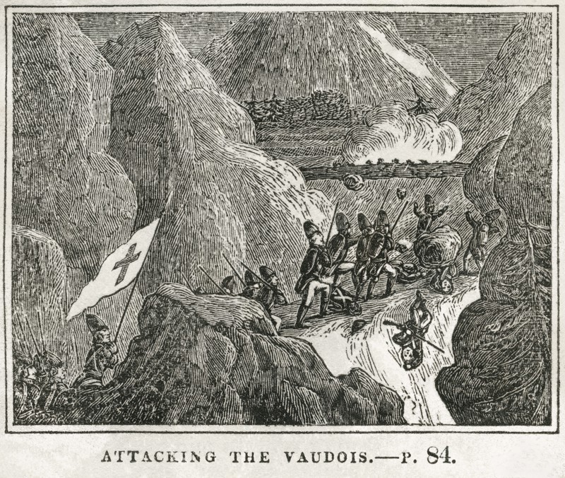 The French Attacking the Vaudois, 1686, Illustration from the Book, Historical Cabinet, L.H. Young Publisher, New Haven, 1834