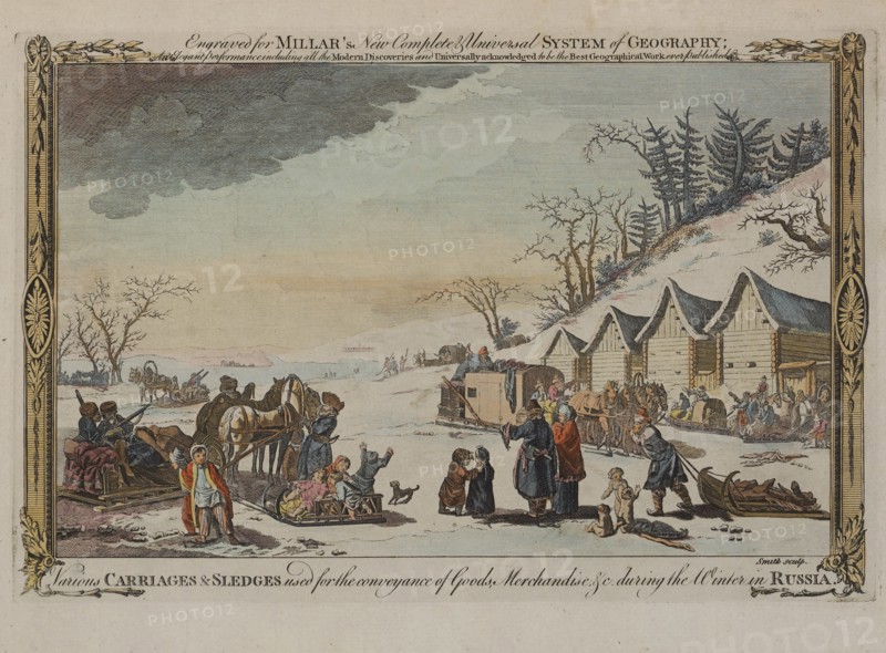 Various, Carriages and Sledges used for the Conveyance of Goods, Merchandise during the Winter in Russia, Published for Millar's New Complete Universal System of Geography, Copper Engraving, 1784