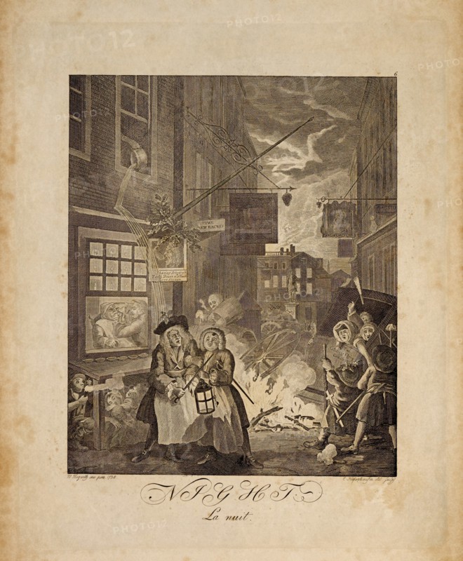 La Nuit (Night), London Street Scene at Night, by William Hogarth, Engraving, 1738