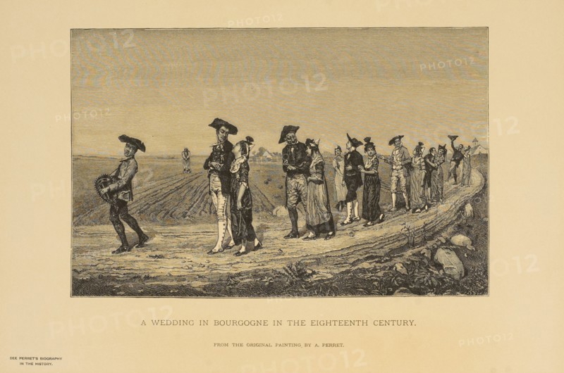 A Wedding in Bourgogne in the Eighteenth Century, Woodcut Engraving from the Original Painting by A. Perret, The Masterpieces of French Art by Louis Viardot, Published by Gravure Goupil et Cie, Paris, 1882, Gebbie & Co., Philadelphia, 1883