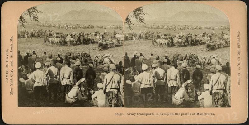 Army Transports in Camp on the Plains of Manchuria, Stereo Card, B.W. Kilburn, 1905