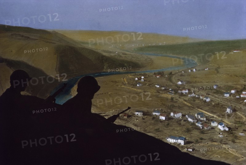 Enlisted Men Looking Across Saar River Valley Between Serrig and Saarburg, Germany, Rhineland Campaign, 1945