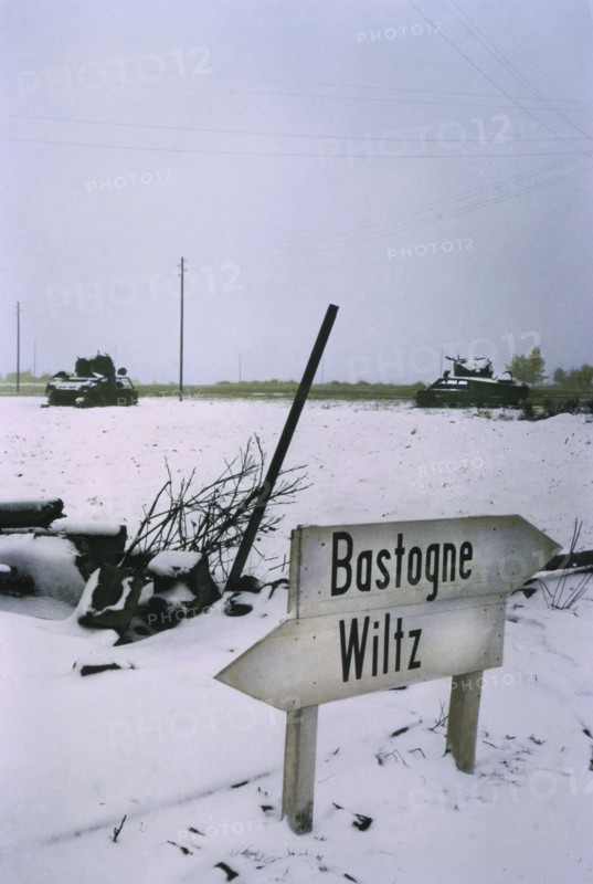 Knocked-Out U.S. Medium Tanks in Snowy Field, Ardennes-Alsace Campaign, Battle of the Bulge, Belgium, 1945