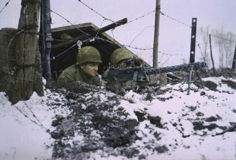 Airborne Infantrymen, .30-caliber Machine Gun, Ardennes-Alsace Campaign, Battle of the Bulge, 1945