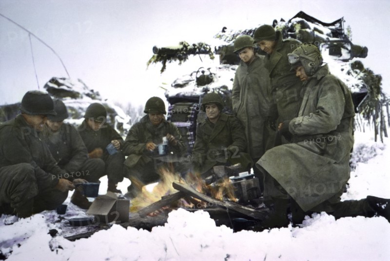 Tank Crews Keeping Warm as they Eat their Rations, Ardennes-Alsace Campaign, Battle of the Bulge, 1945