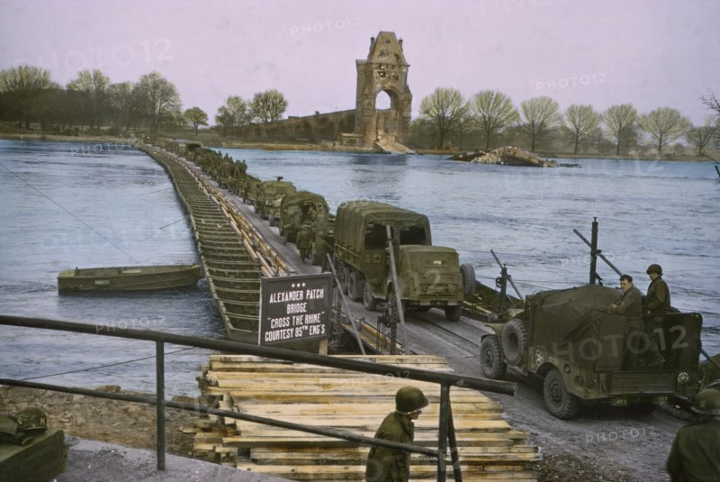 American Infantrymen and Trucks Crossing the Rhine near Worms, Germany, Central Europe Campaign, Western Allied Invasion of Germany, 1945