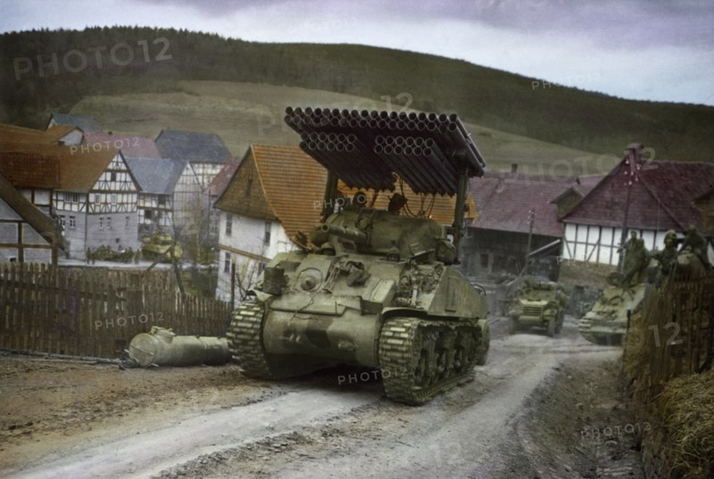 4.5-inch Multiple Rocket Launcher T34 Mounted on Medium Tank, Central Europe Campaign, Western Allied Invasion of Germany, 1945