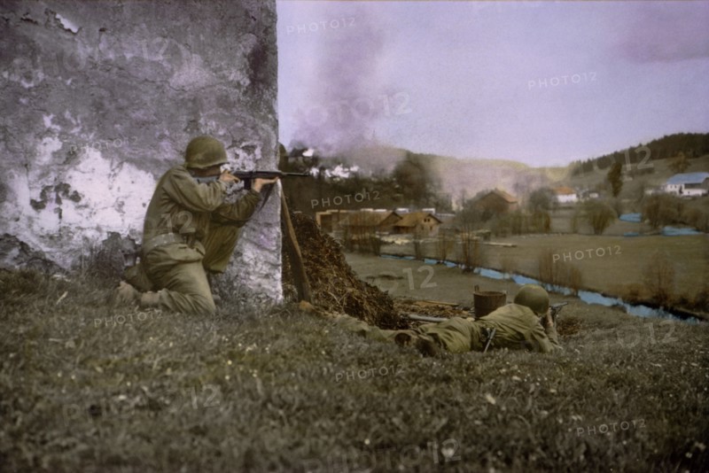 Firing on an Austrian Town across from German Border, Central Europe Campaign, Western Allied Invasion of Germany, 1945