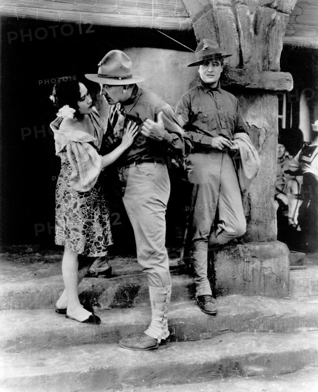 Delores del Rio, Victor McLaglen, Edmund Lowe, on-set of the Silent Film, "What Price Glory", 20th Century Fox, 1926