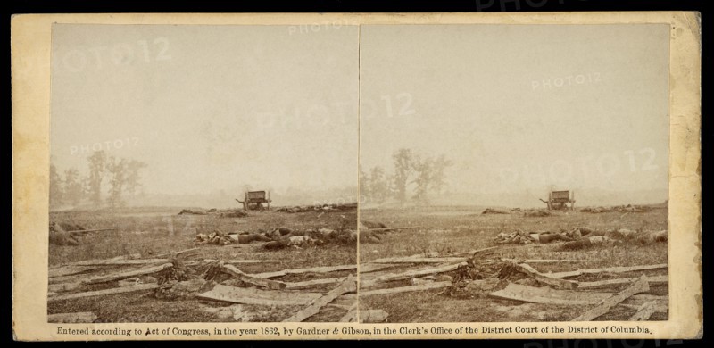 View on Battlefield of Antietam where Sumner's Corps Charged the Enemy, Scene of Terrific Conflict, Stereo Card, Alexander Gardner, Gardner & Gibson, 1862