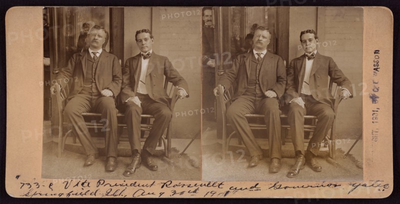 Vice President Theodore Roosevelt and Governor Richard Yates, Jr., Springfield, Illinois, USA, Stereo Card, C. E. Wasson, August 30, 1901