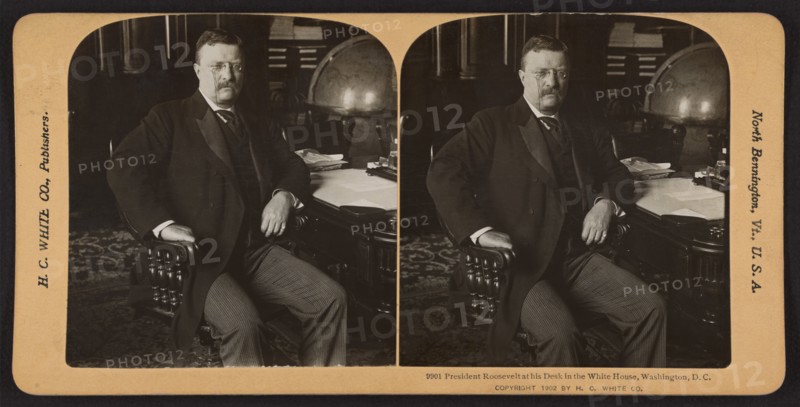President Theodore Roosevelt at his Desk in the White House, Washington DC, USA, Stereo Card, H. C. White, Co., 1902