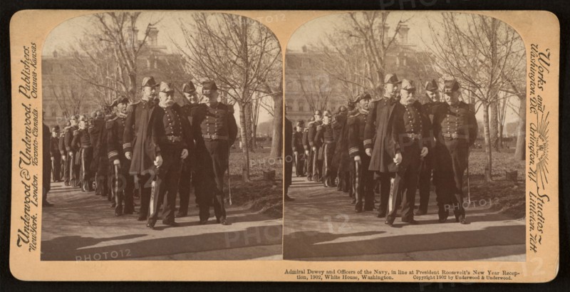 Admiral Dewey and Officers of the Navy, in line at President Roosevelt's New Year Reception, White House, Washington DC, USA, Stereo Card, Underwood & Underwood, 1902