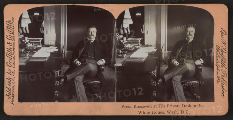 President Theodore Roosevelt at his Private Desk in the White House, Washington DC, USA, Stereo Card, George W. Griffith, Publisher, 1903