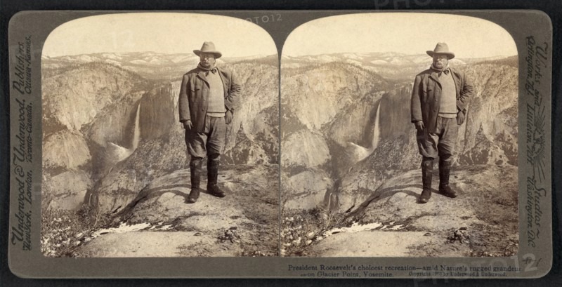 President Theodore Roosevelt's Choicest Recreation, Amid Nature's Rugged on Glacier Point, Yosemite Valley, California, USA, Stereo Card, Underwood & Underwood, 1903