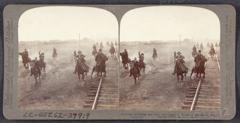Cowboys Following Train and Cheering President Theodore Roosevelt, Hugo, Colorado, USA, Stereo Card, Underwood & Underwood, June 12, 1903