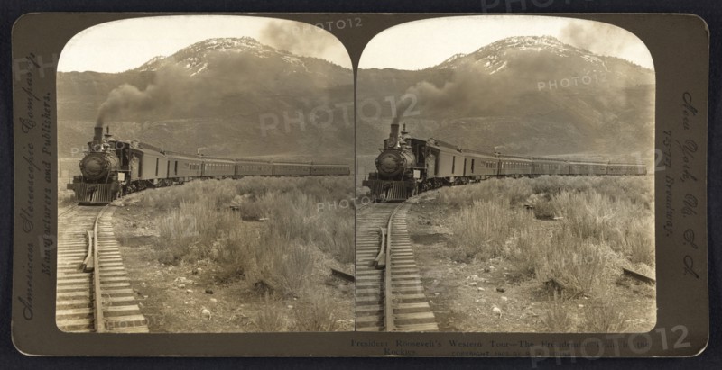 President Theodore Roosevelt's Presidential Train in the Rockies during Western Tour, Colorado, USA, Stereo Card, R. Y. Young, American Stereoscopic Company, 1903